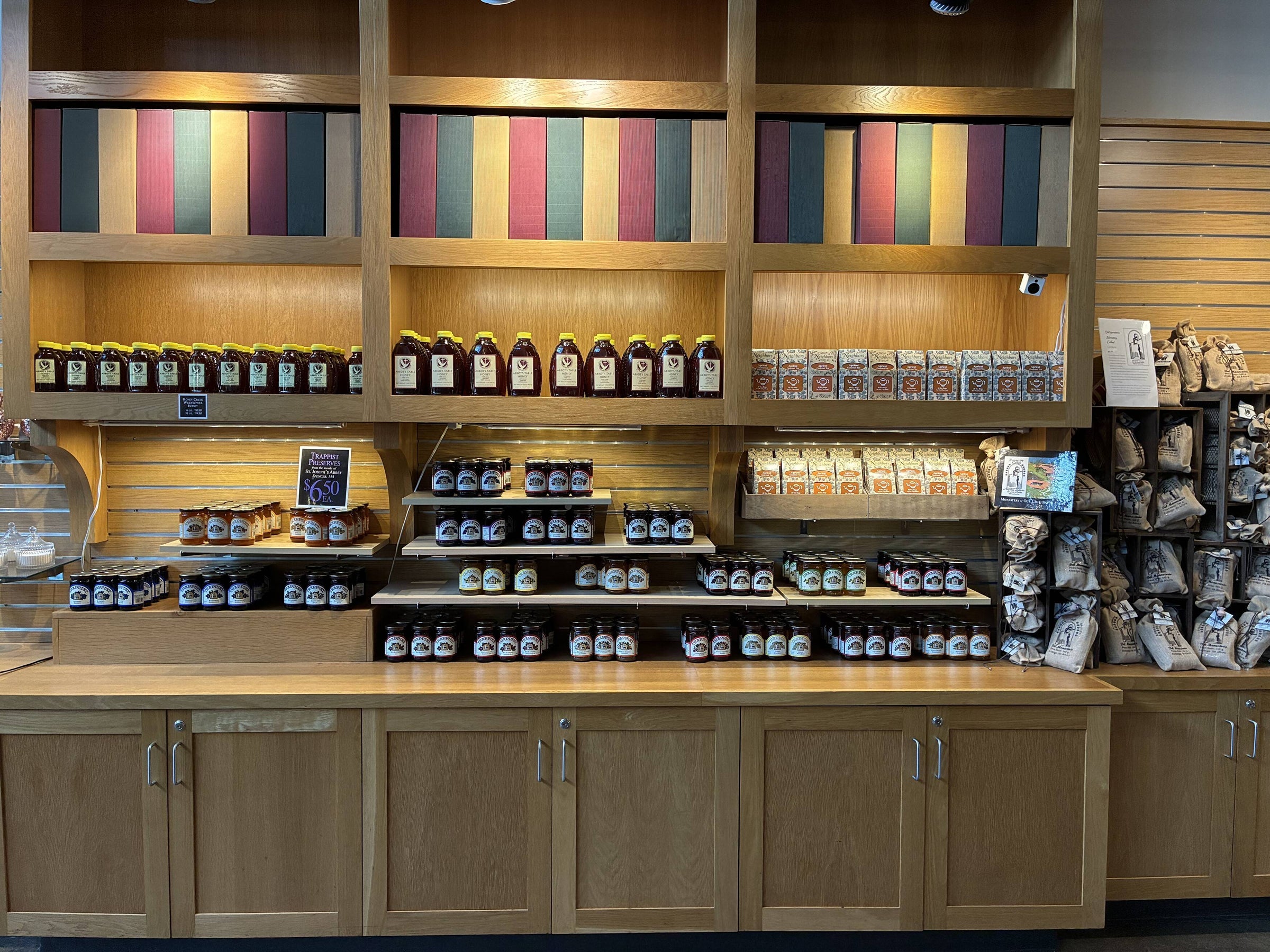 Shelves of jams and jellies in the Abbey Store.